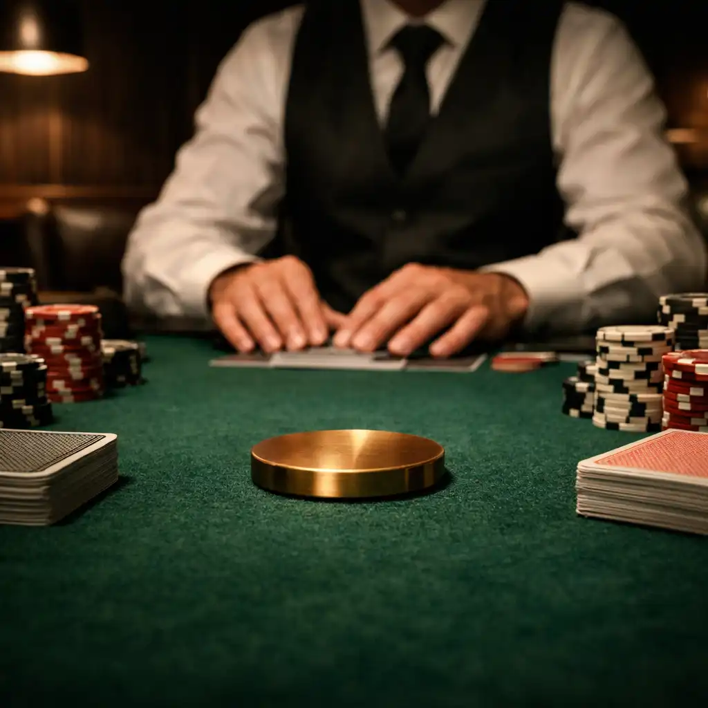 Emerald felt card table in an intimate lounge with premium decks, tournament chips and a dealer's hands