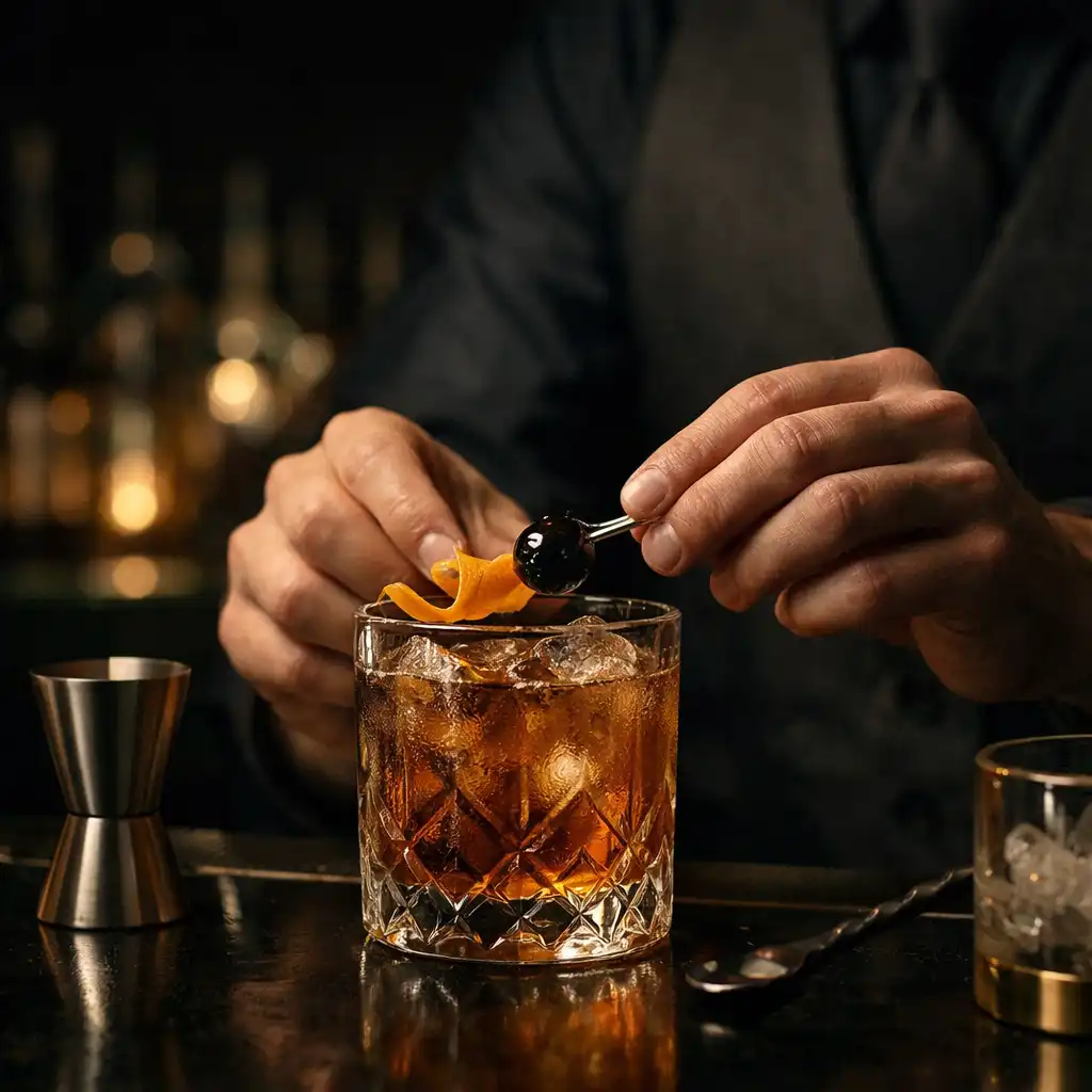 Bartender finishing a refined cocktail in cut crystal at a dark bar