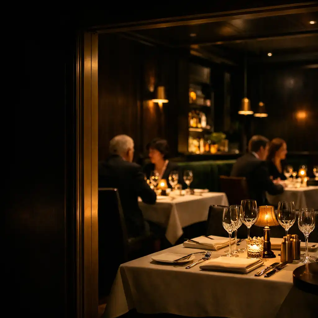 Warmly lit dining room at Plumean Dparlour with composed tables and intimate architectural detail
