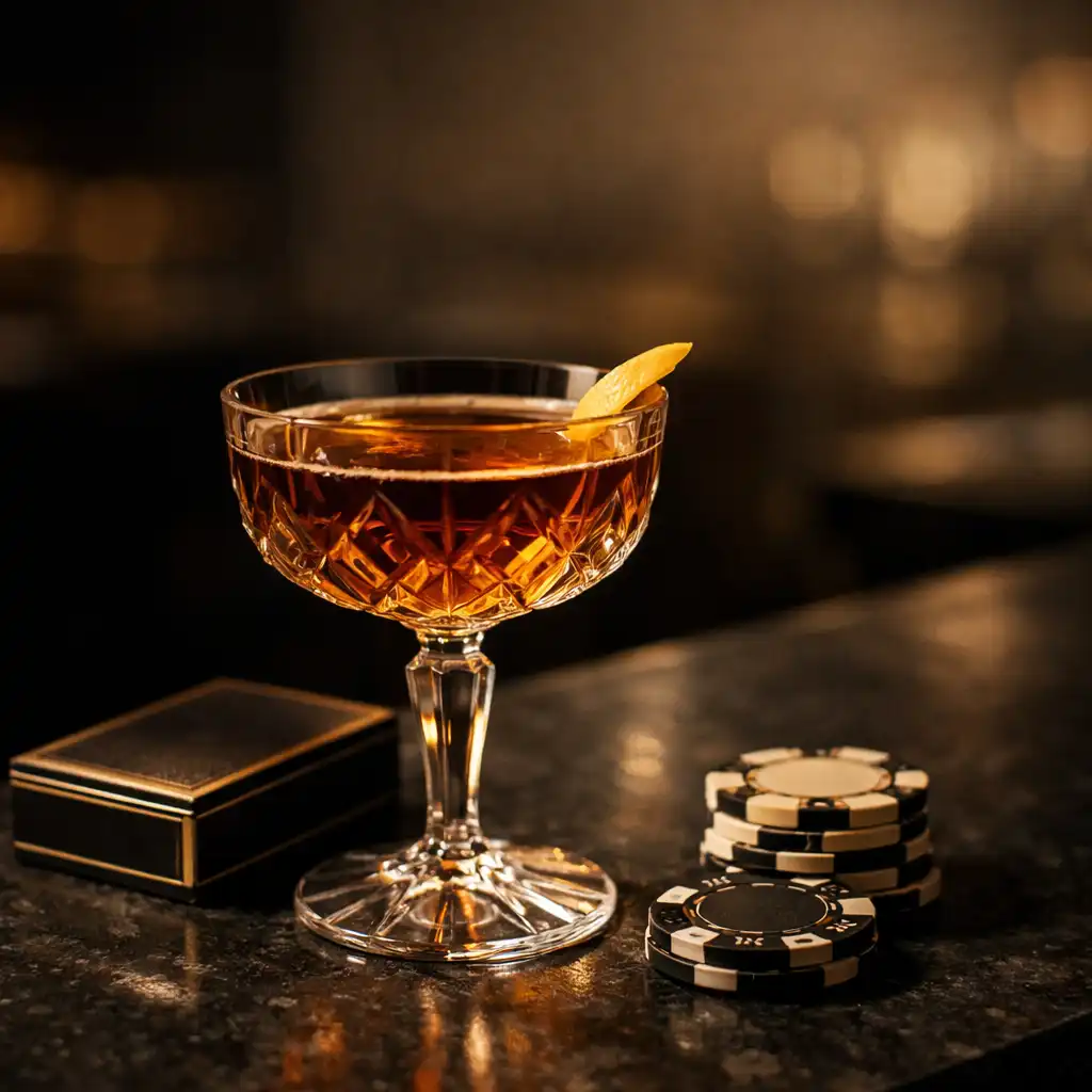 Craft cocktail beside a premium card deck and official tournament chips on a dark bar