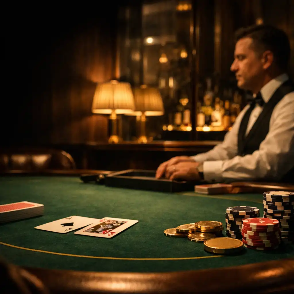 Prepared emerald felt card table with premium cards, official tournament chips and a dealer position in a quiet lounge