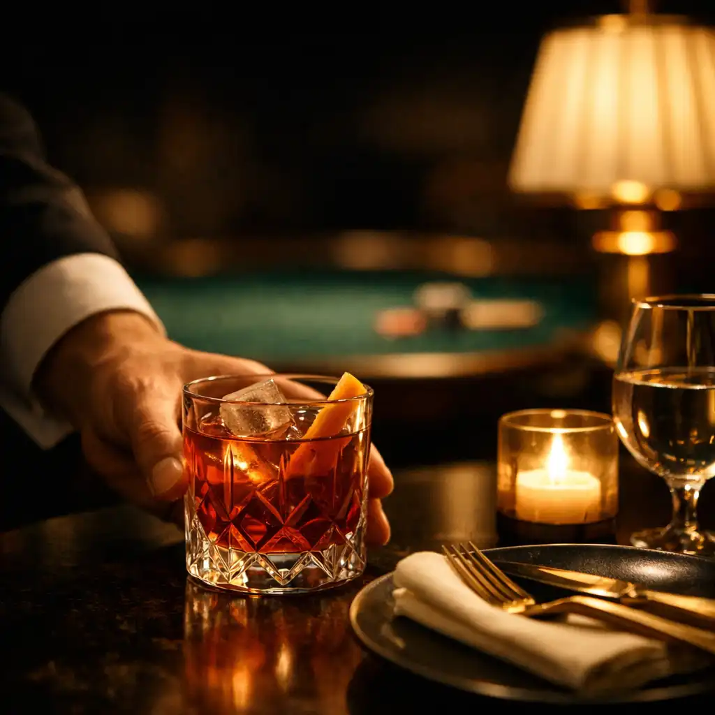 Cut-crystal cocktail beside a dark card-lounge setting with emerald felt in the background