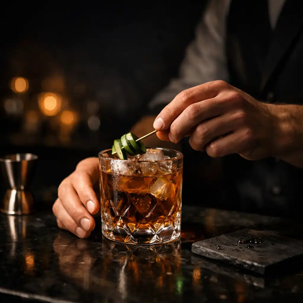 Bartender finishing a crystal cocktail in a softly lit private-club bar