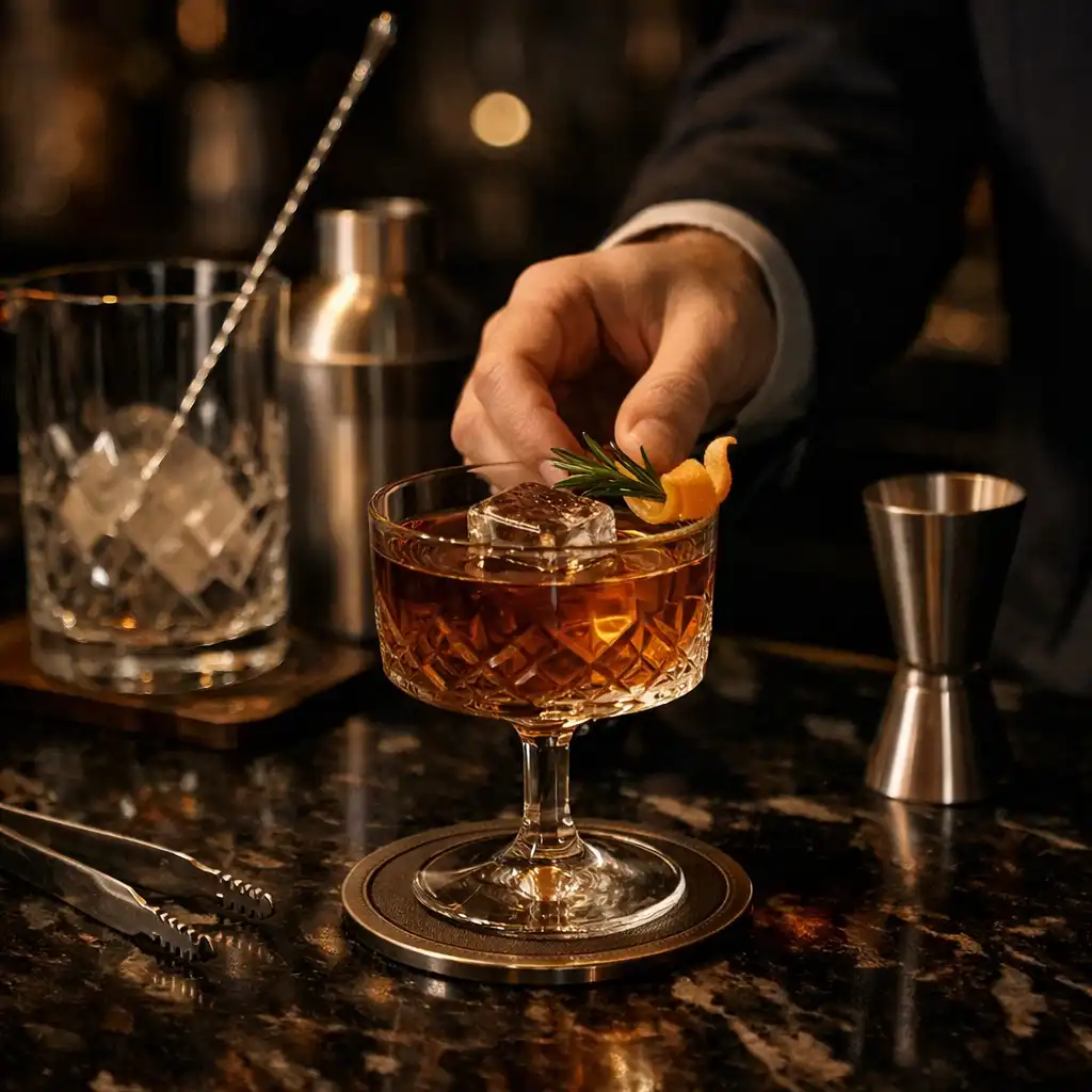 Craft cocktail being finished beside cut crystal on a dark marble bar