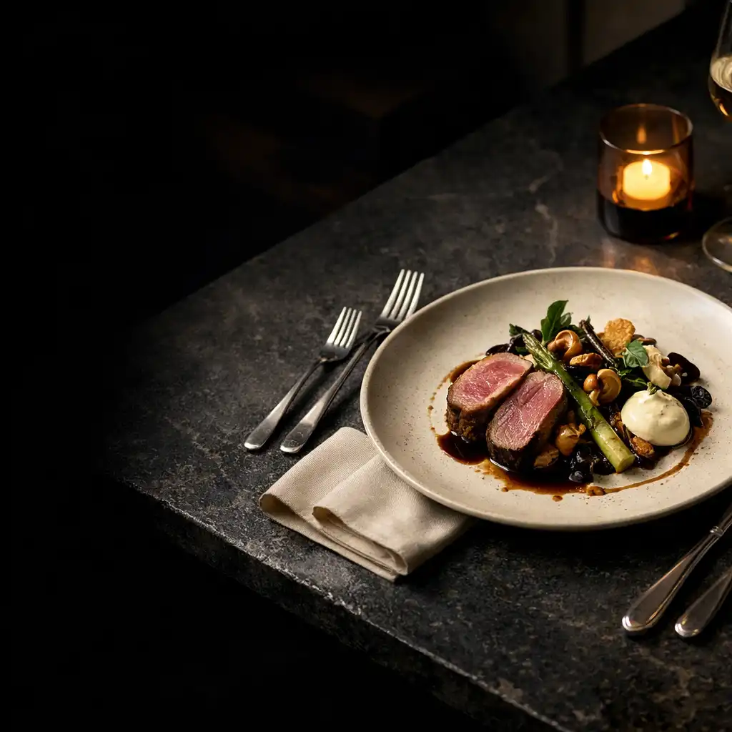 Refined plated course on a dark restaurant table during evening service