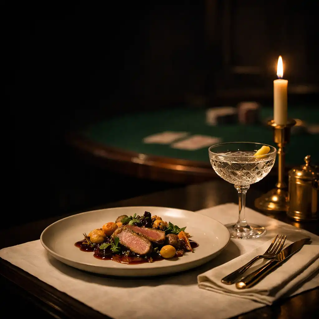 Plated dish, crystal cocktail and candlelit dining table with a subtle emerald felt detail