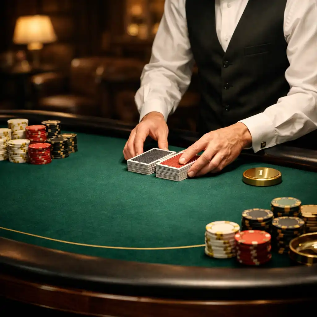 Professional dealer hands arranging premium cards and official tournament chips on an emerald felt table