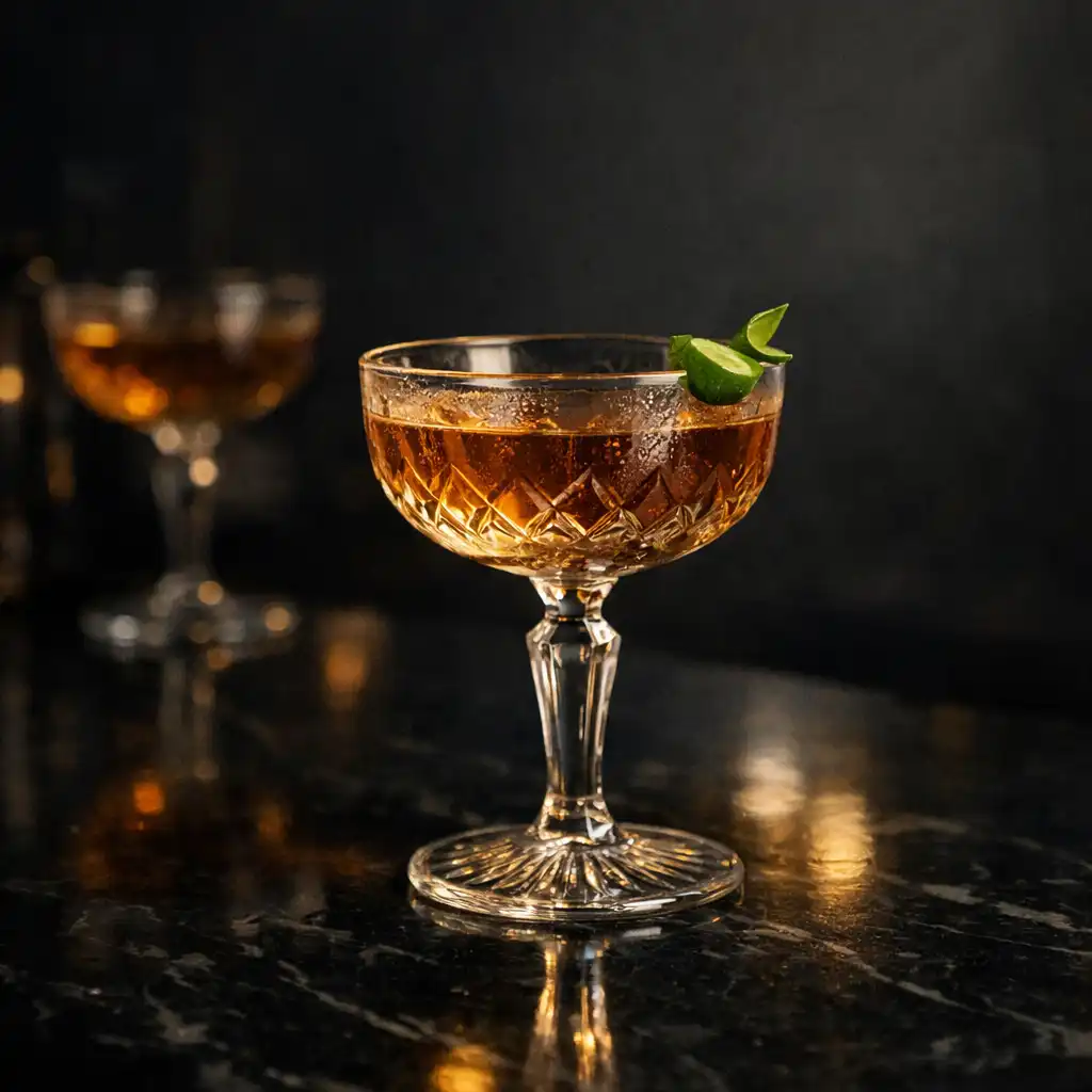Craft cocktail in a cut-crystal coupe on a dark reflective bar
