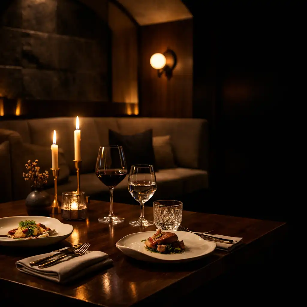 Candlelit fine-dining table with ceramic plates and cut crystal at Plumean Dparlour