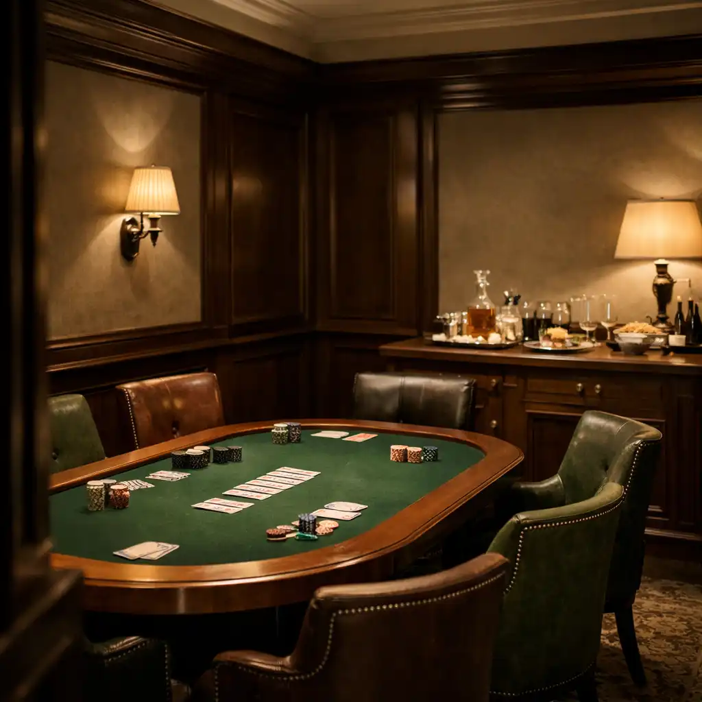 Intimate private card room with emerald felt table, upholstered seating and warm wall lighting