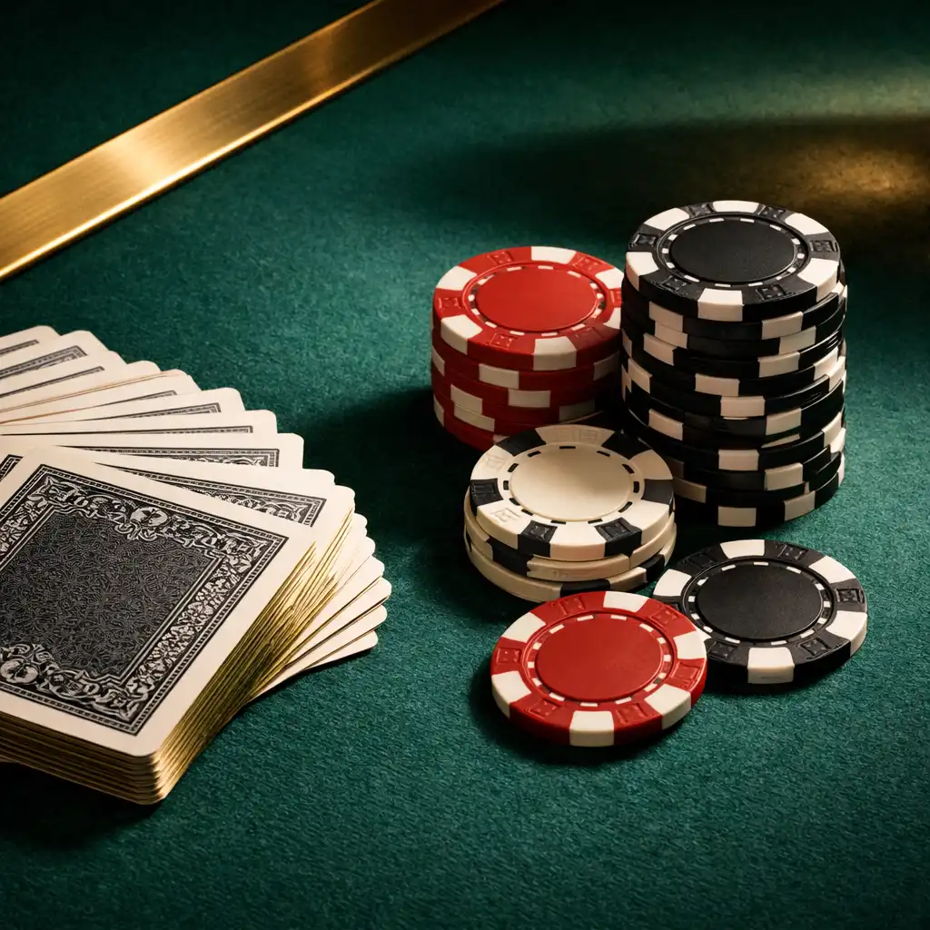 Premium cards and official tournament chips arranged on emerald felt