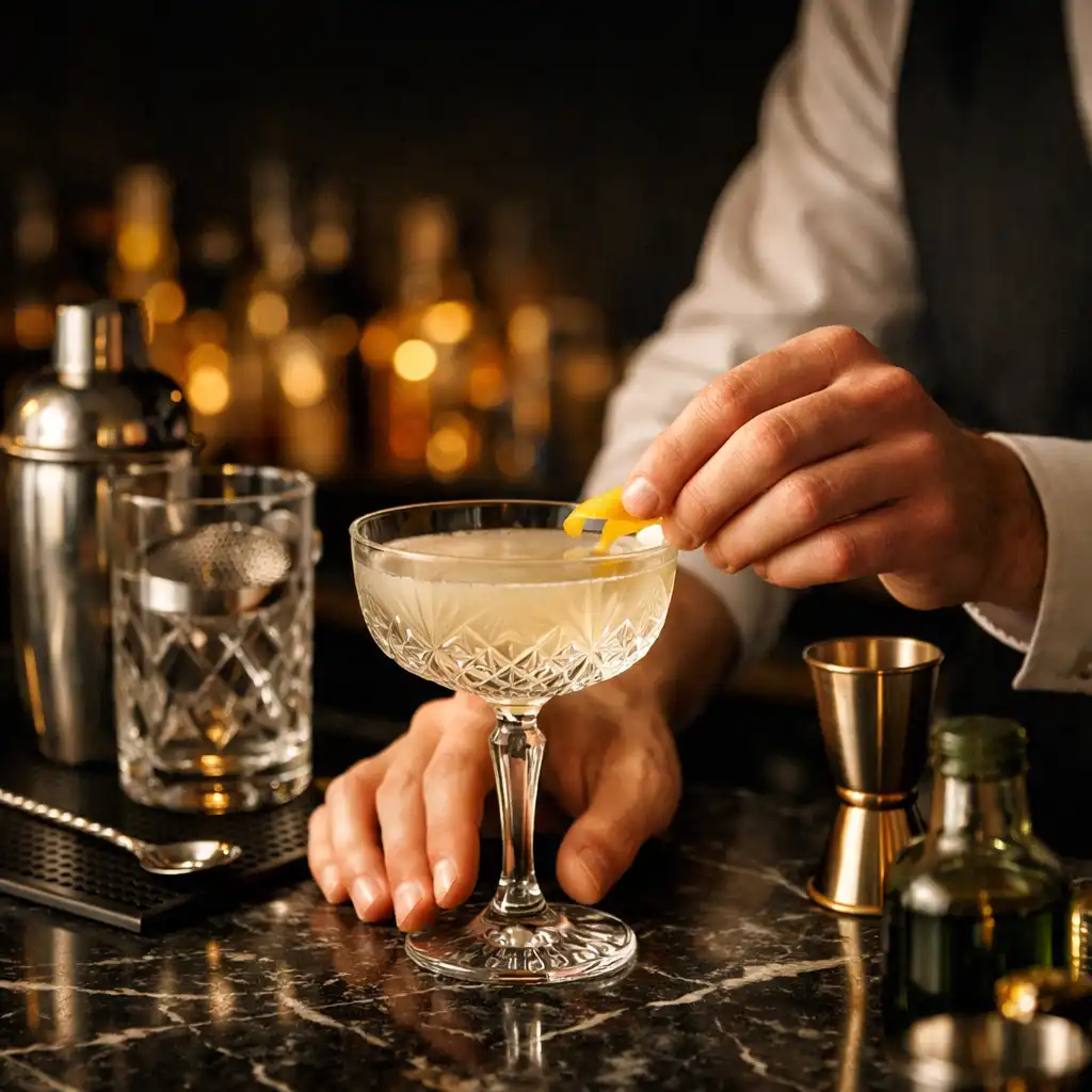 Bartender finishing a craft cocktail in a crystal coupe at a dark marble bar