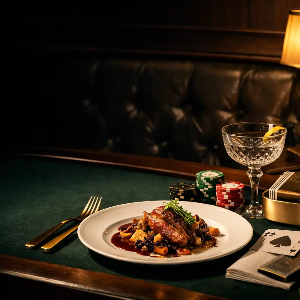 A plated dinner, crystal cocktail, premium cards and tournament chips beside an emerald felt table
