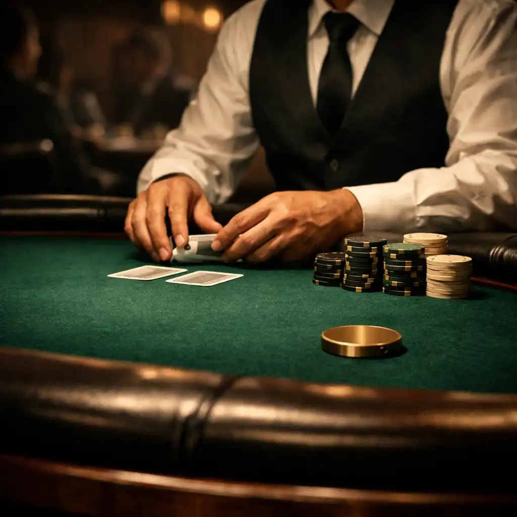 Professional dealer handling premium cards and tournament chips across emerald felt