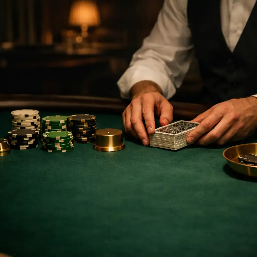 Professional dealer hands arranging premium decks and official tournament chips on emerald felt