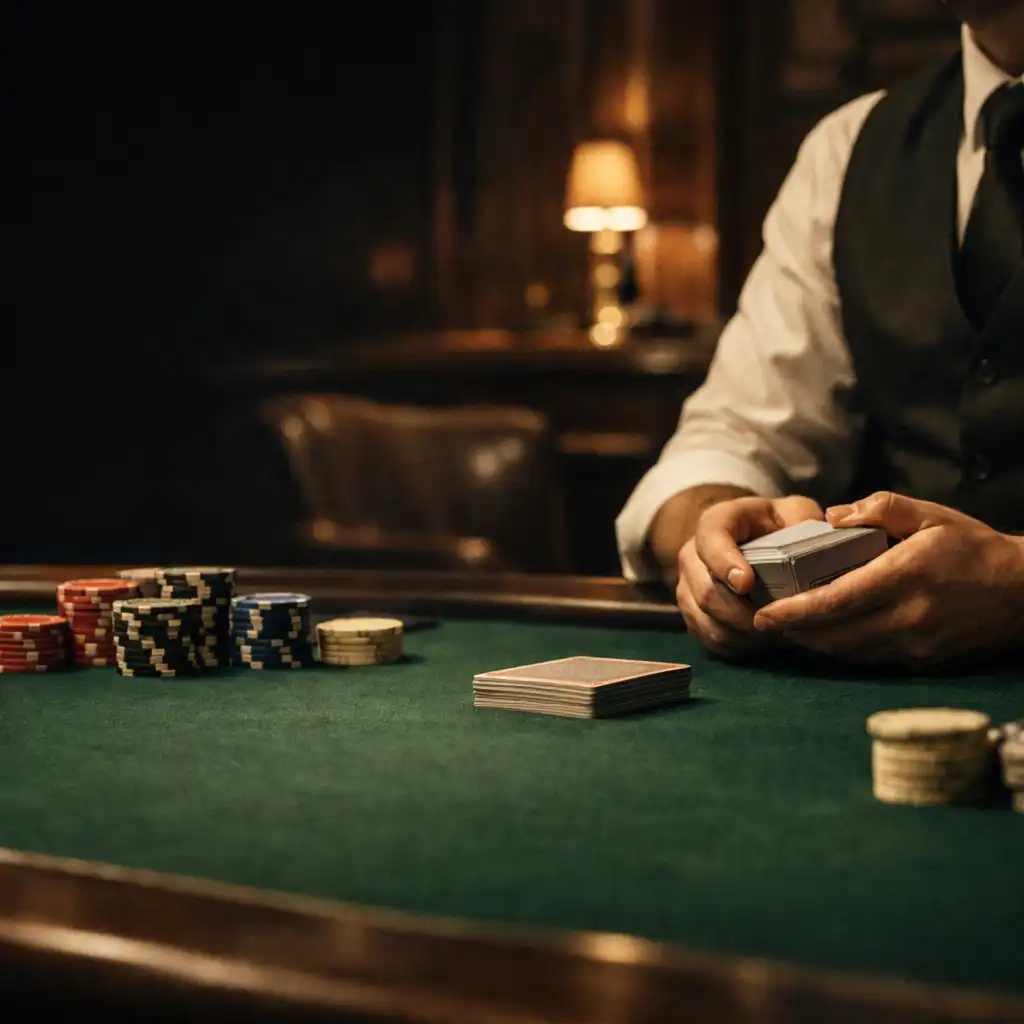 Dealer hands, premium card deck and restrained official tournament chips on an emerald-felt table
