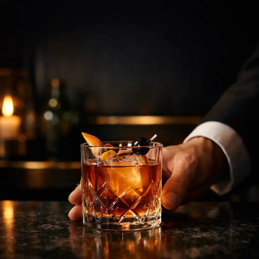Cut-crystal craft cocktail presented at a dark, refined bar