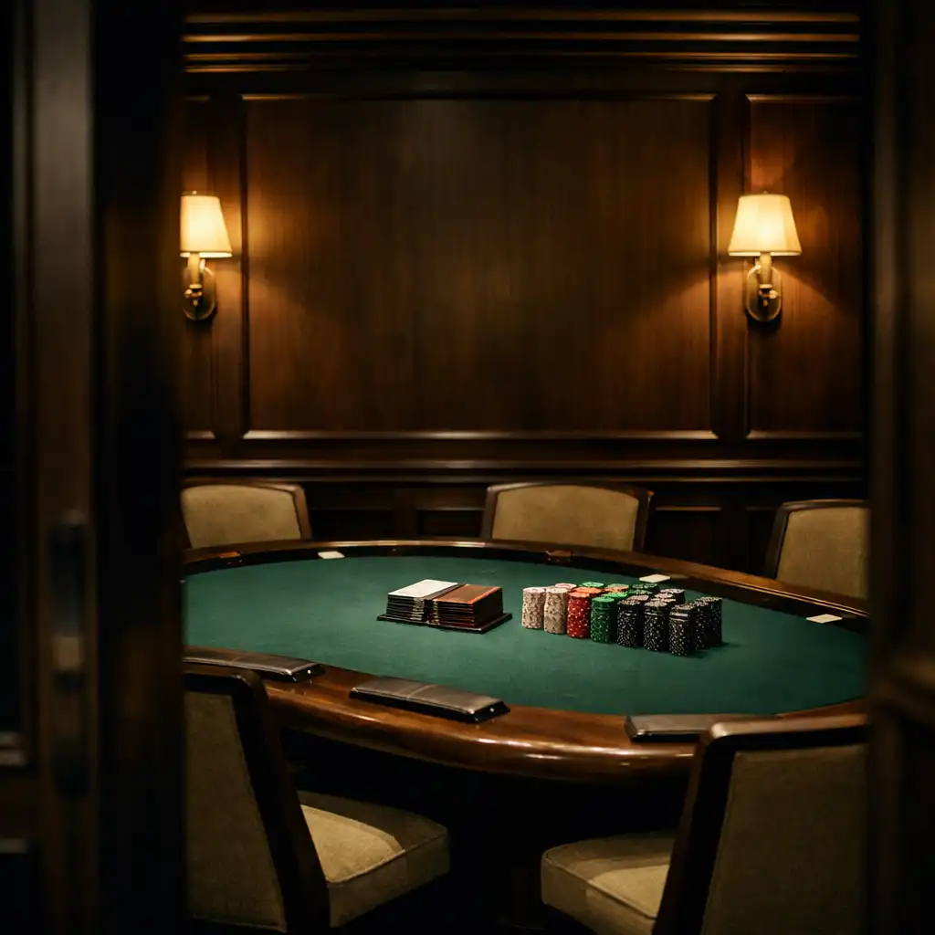 Secluded private card room with an emerald-felt table, upholstered chairs and warm timber detail