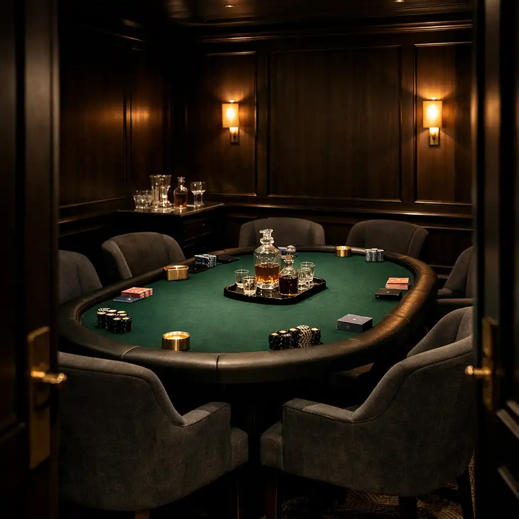 Prepared private card room with emerald felt table, charcoal chairs and warm architectural lighting