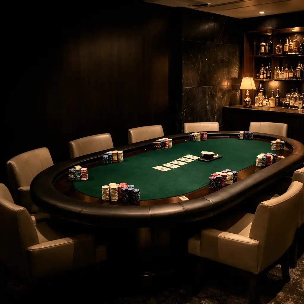 Private poker room with an emerald felt table, cards and ceremonial tournament chips