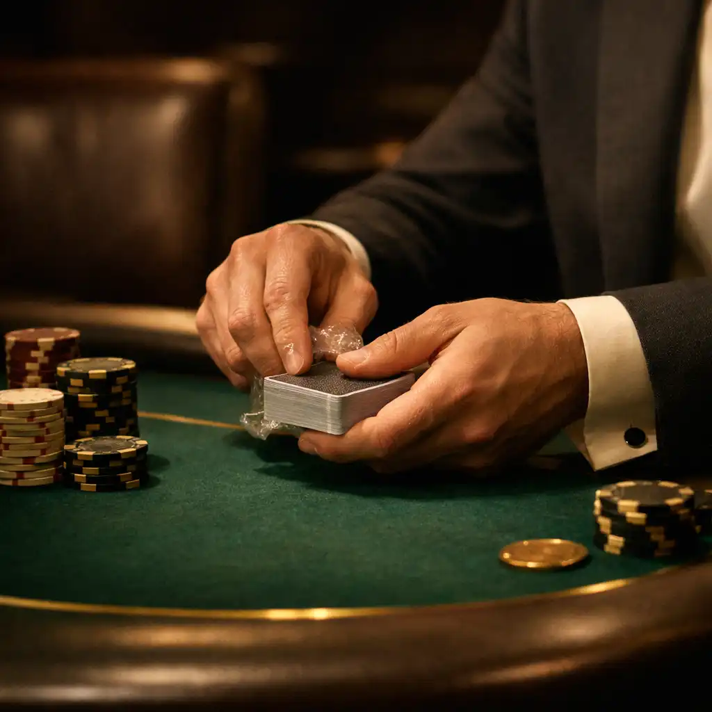 Professional dealer preparing a premium card deck on an emerald felt poker table