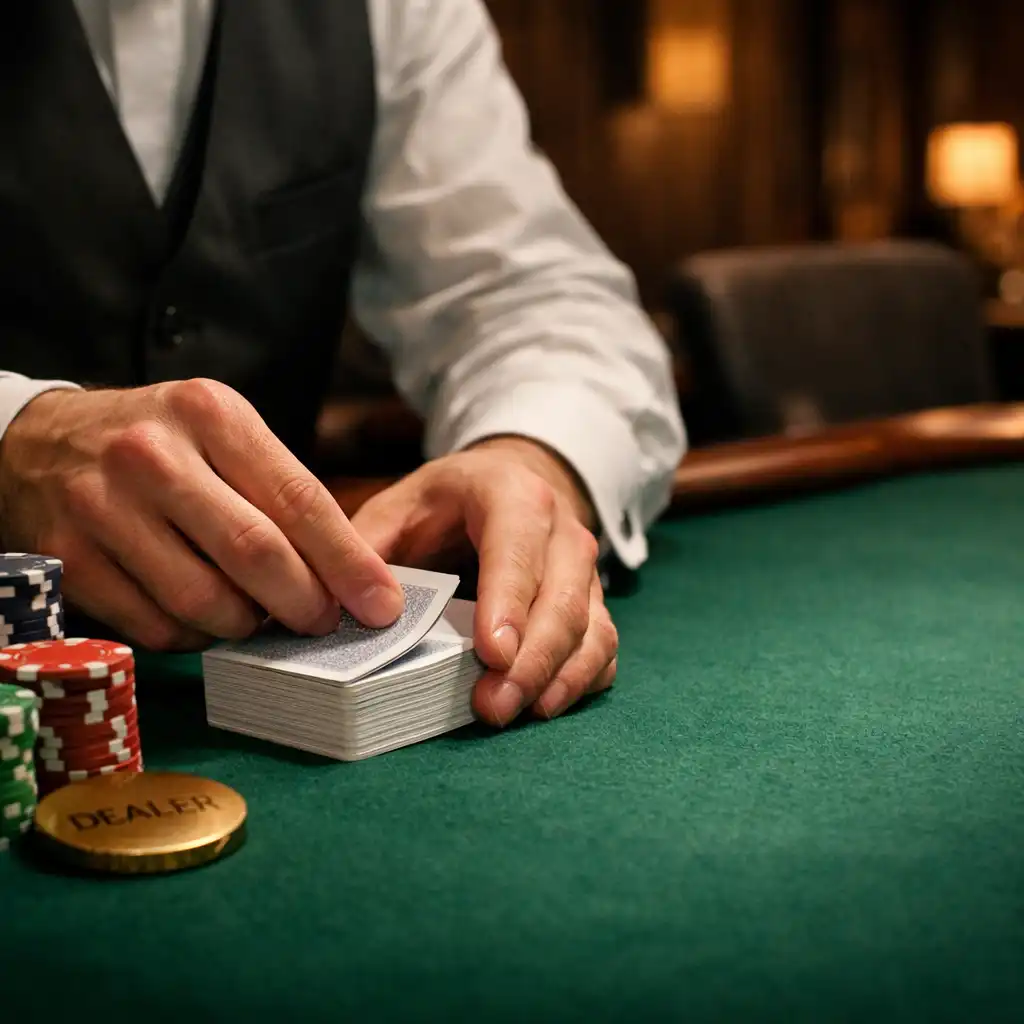 Professional dealer hands preparing a premium card deck on emerald felt with orderly tournament chips